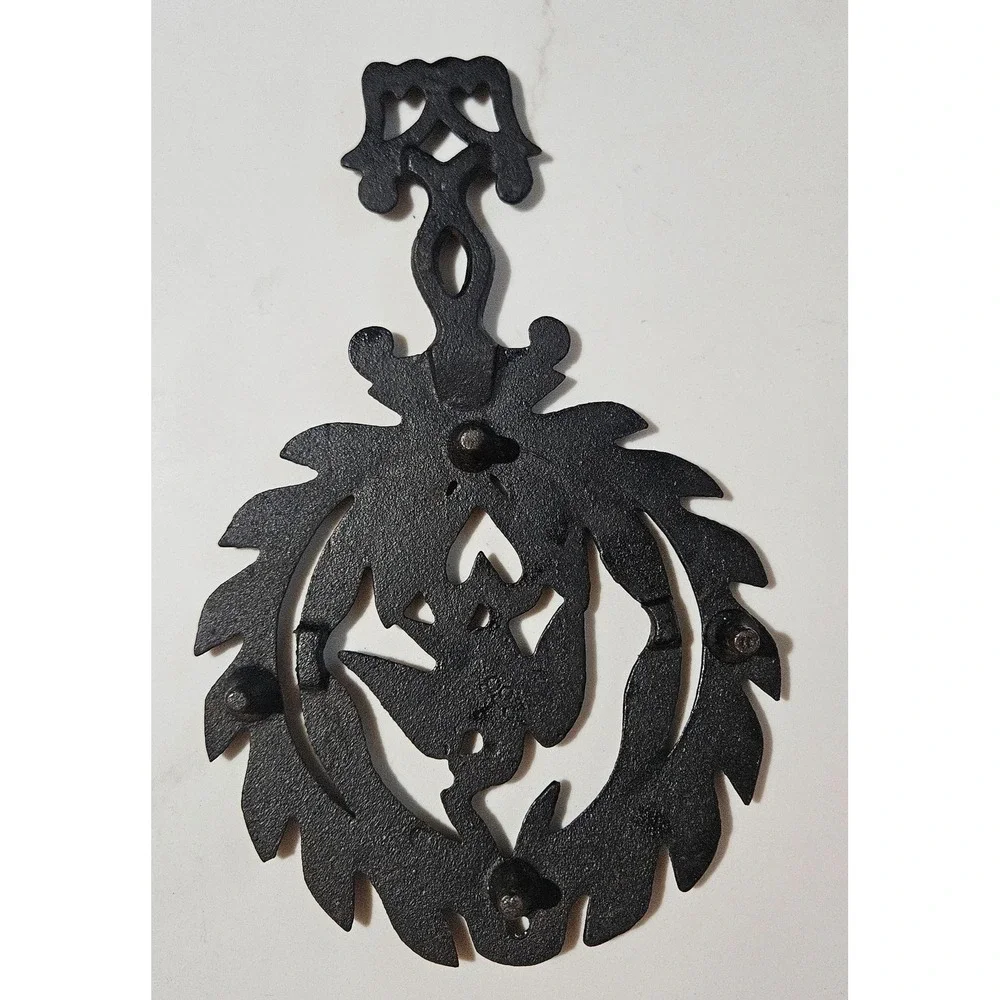 Vintage Cast Iron Trivet Eagle Heart Laurel Wreath Black Gold Red